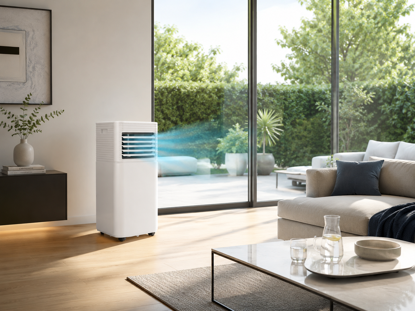 Climatiseur mobile dans un salon lumineux